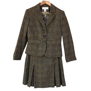 Jones New York 2PC Tan Green Tweed Plaid 3 Buttons Jacket Pleated Detail Skirt 6